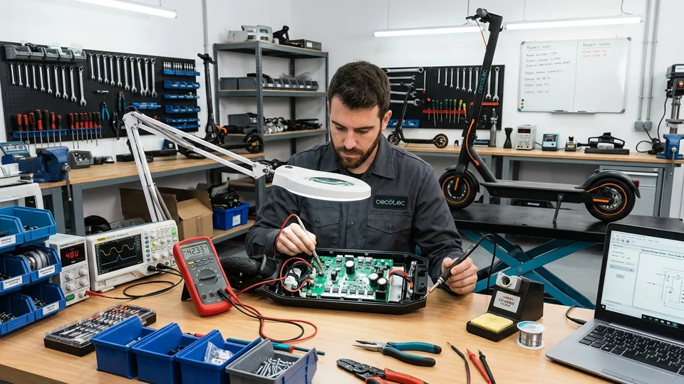 Técnico electromecánico diagnosticando la placa controladora y transistores MOSFET de un patinete Cecotec Bongo en banco de trabajo en Valencia