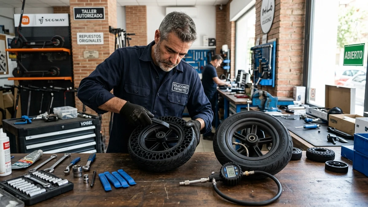 Mecánico profesional montando un neumático macizo antipinchazos de nido de abeja y revisando una rueda tubeless en el banco de trabajo de un taller en Valencia