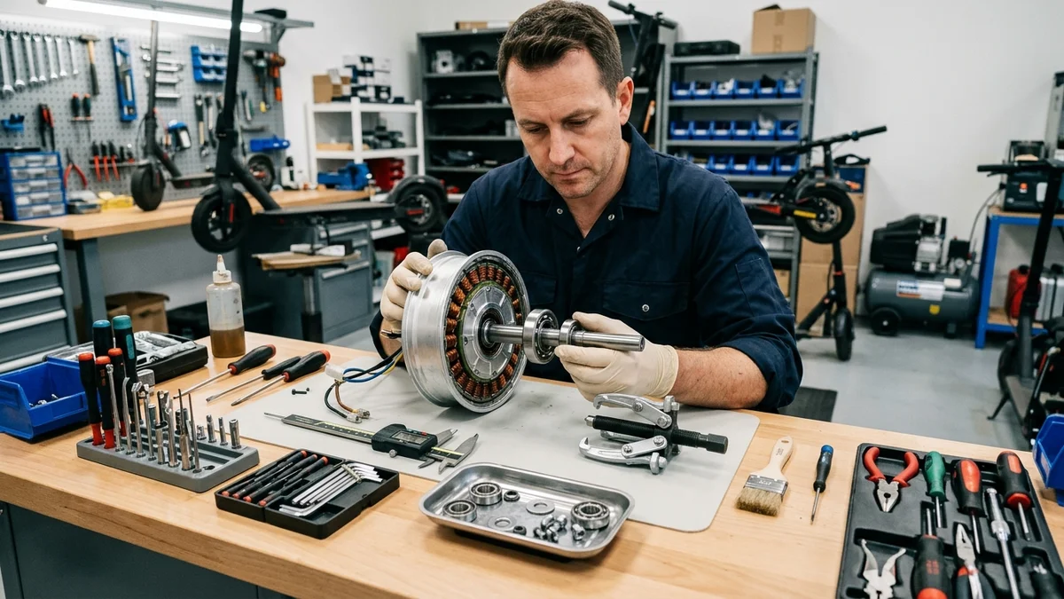 Mecánico electromecánico inspeccionando los rodamientos de bolas y el eje del motor hub de un patinete eléctrico sobre banco de trabajo en Valencia
