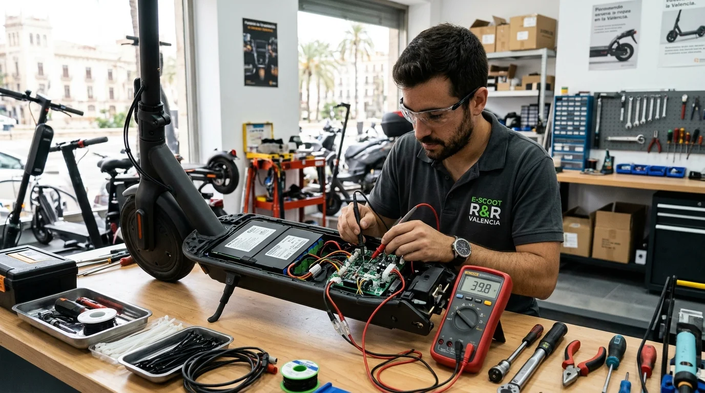 Mecánico en taller de Valencia diagnosticando la placa controladora y el puerto de carga de un patinete eléctrico con multímetro