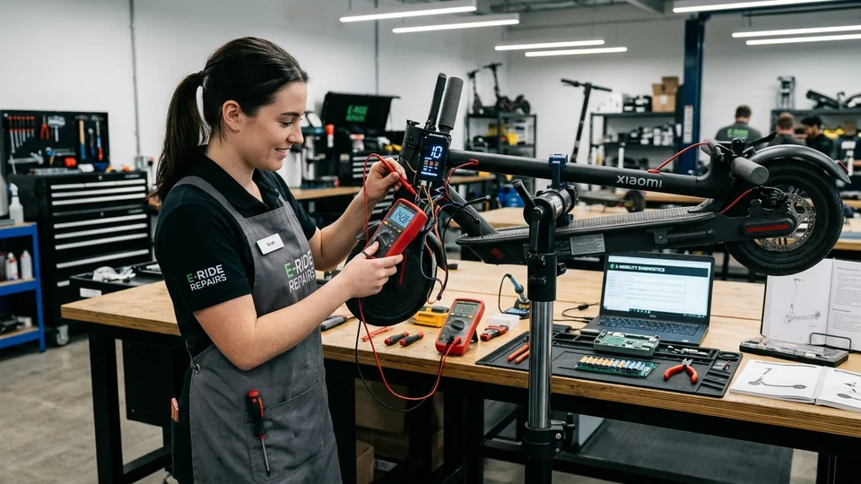 Técnico especialista diagnosticando los códigos de error y la electrónica de un patinete Xiaomi en taller de Valencia
