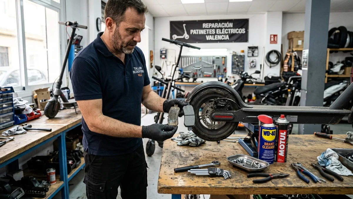 Mecánico especialista comparando pastillas de freno desgastadas con unas nuevas frente a la pinza de un patinete eléctrico en taller de Valencia