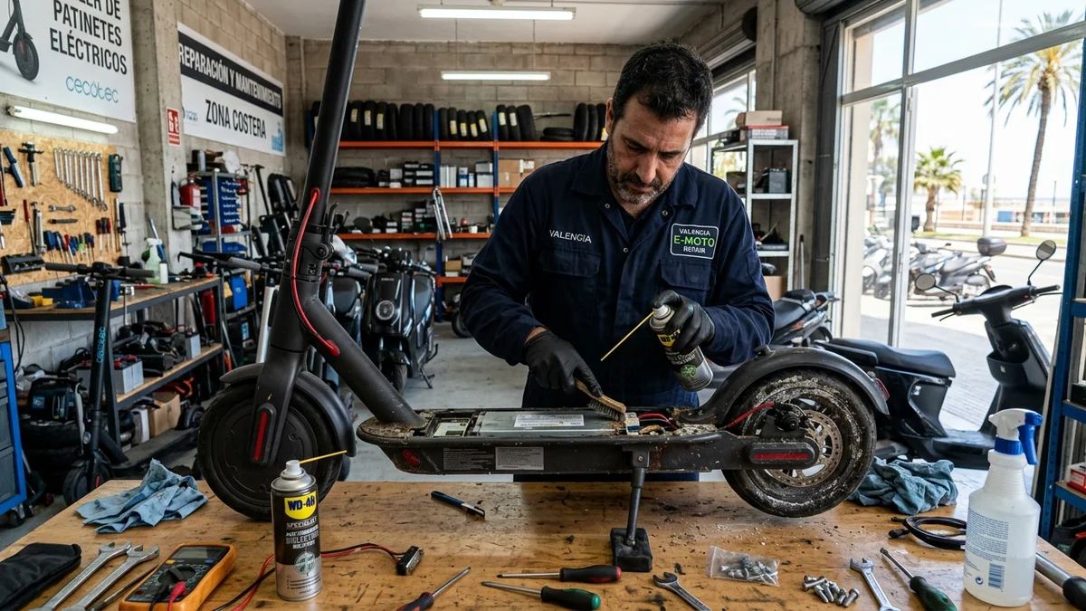 Mecánico profesional aplicando protección anticorrosión y sellado dieléctrico en un patinete eléctrico en taller de Valencia