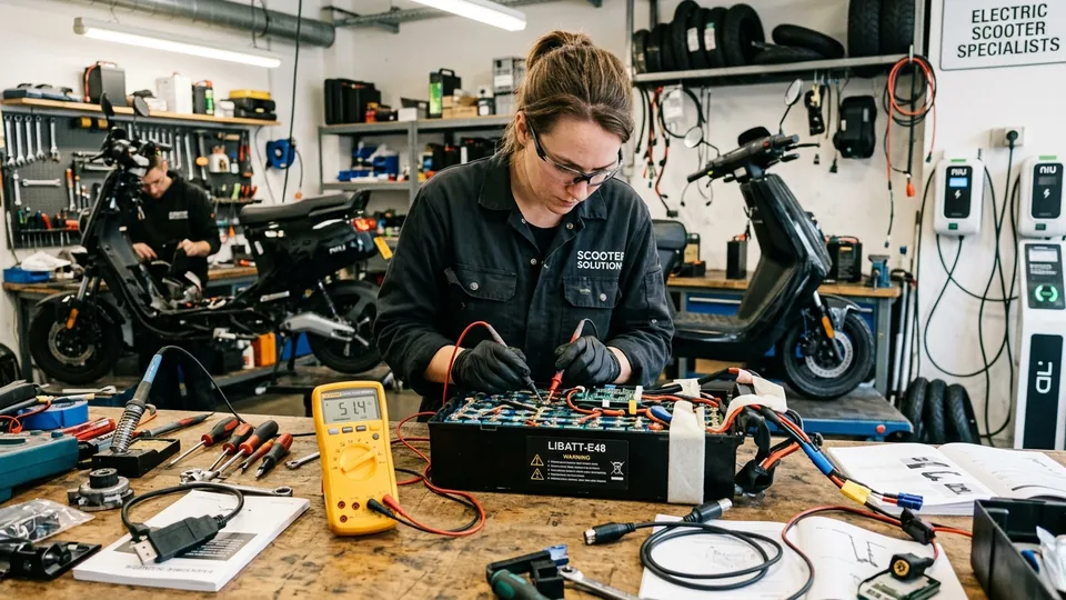 Mecánico en taller de Valencia diagnosticando la batería de un patinete eléctrico con multímetro sobre banco de trabajo