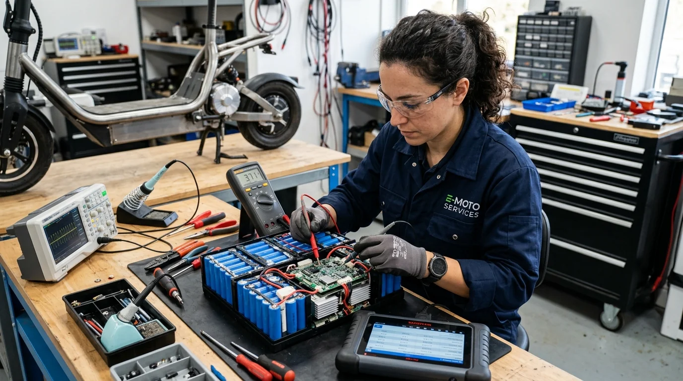 Técnico electromecánico midiendo el BMS y celdas de litio de una batería de patinete eléctrico en banco de trabajo en Valencia
