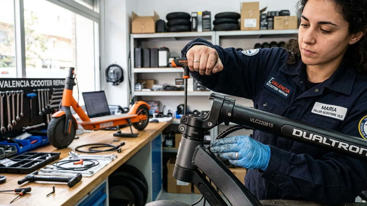 Mecánico en taller de Valencia ajustando con llave allen el mástil y rodamientos de dirección de un patinete eléctrico