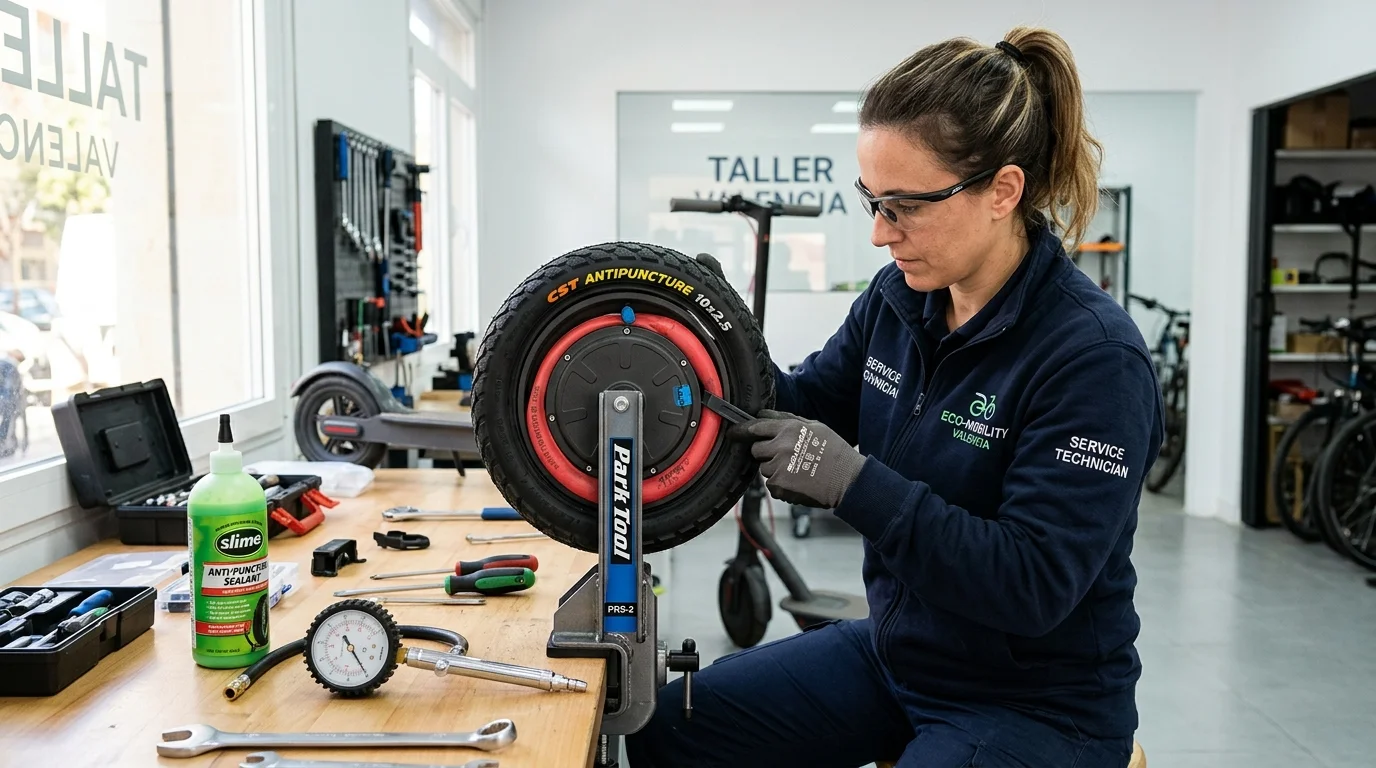 Mecánica en taller de Valencia instalando neumático reforzado y aplicando líquido antipinchazos a la rueda de un patinete eléctrico