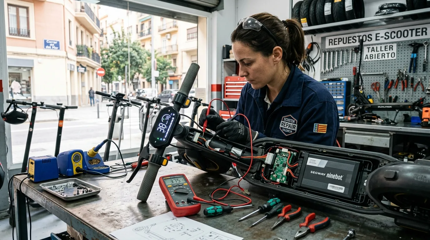 Técnico diagnosticando y reparando códigos de error en patinete eléctrico Ninebot en taller de Valencia