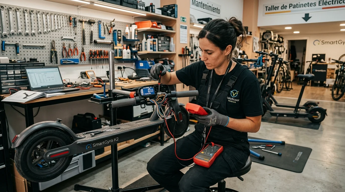 Técnica diagnosticando y reparando la electrónica de un patinete SmartGyro en taller de Valencia