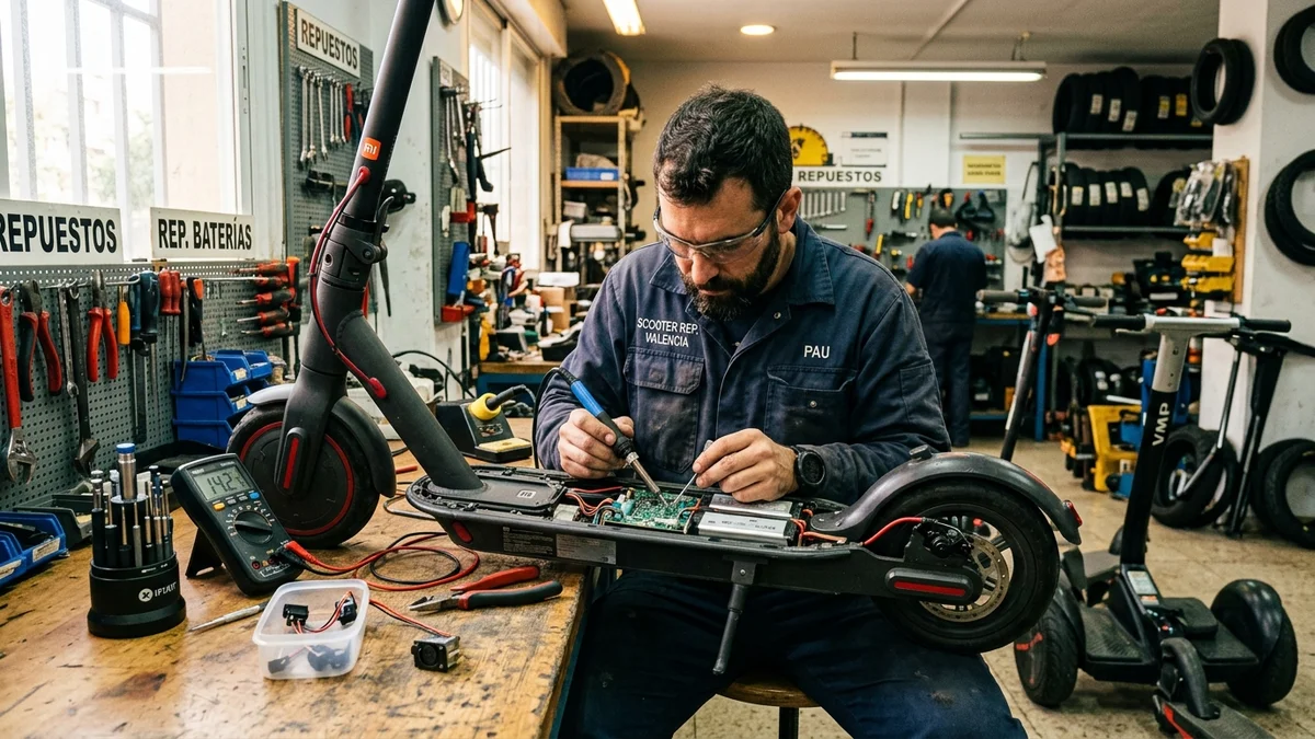 Técnico electromecánico soldando y sustituyendo el puerto de carga estropeado de un patinete eléctrico en banco de trabajo en Valencia