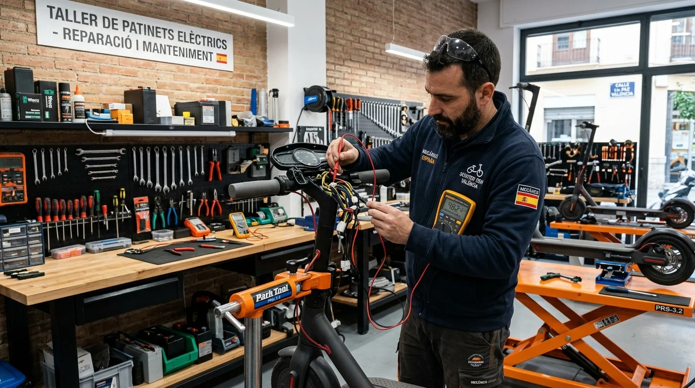 Técnico electromecánico en Valencia diagnosticando la pantalla y reseteando la controladora de un patinete eléctrico