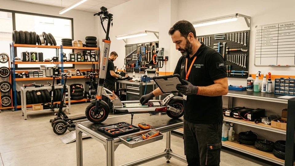 Mecánico profesional diagnosticando y revisando los componentes de un patinete eléctrico en taller especializado de Valencia