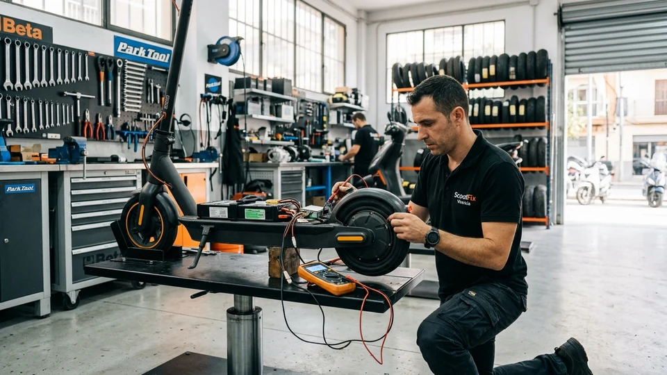Técnico mecánico revisando la vida útil y componentes de un patinete eléctrico en taller de reparación de Valencia