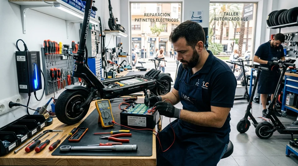 Técnico especialista revisando la carga y salud de la batería de litio de un patinete eléctrico en taller de Valencia