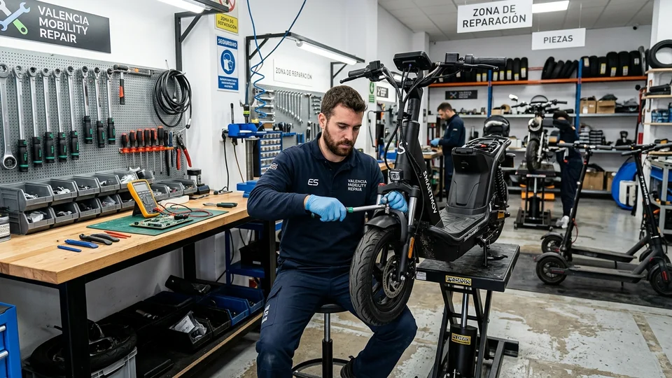 Mecánico reparando un patinete eléctrico en taller especializado de Valencia frente a grandes superficies