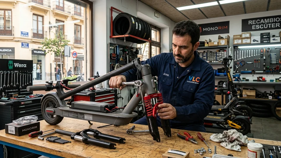 Mecánico instalando una horquilla de suspensión delantera en patinete eléctrico en taller de Valencia