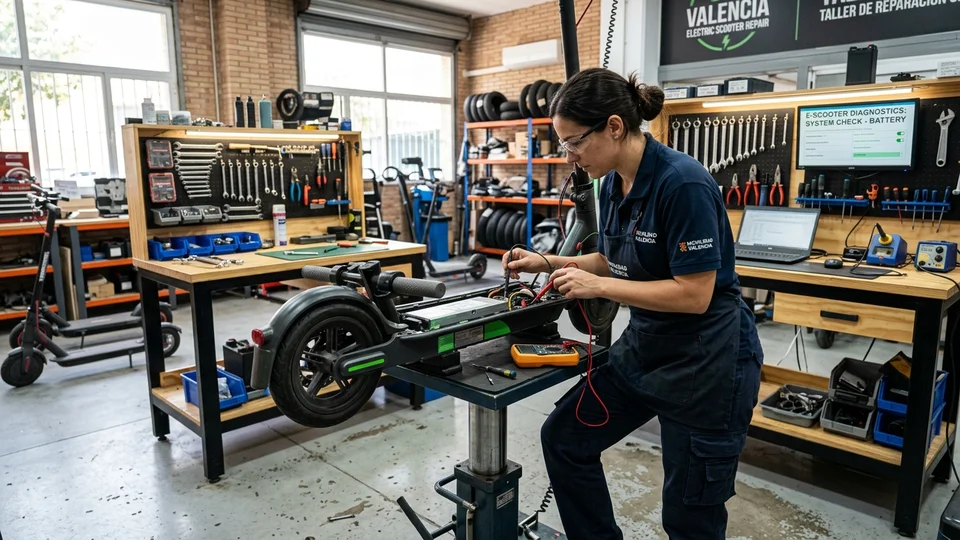 Mecánico diagnosticando y reparando un patinete eléctrico en taller profesional de Valencia