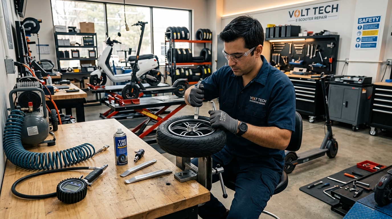 Mecánico reparando e instalando un neumático tubeless de patinete eléctrico en taller de Valencia