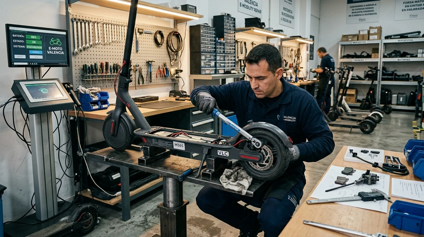 Técnico revisando y adaptando un patinete eléctrico a la normativa VMP en taller de Valencia