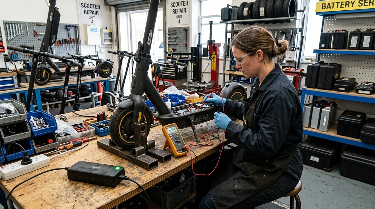 Técnica electromecánica comprobando con multímetro digital el circuito de carga y batería de un patinete eléctrico en banco de taller en Valencia