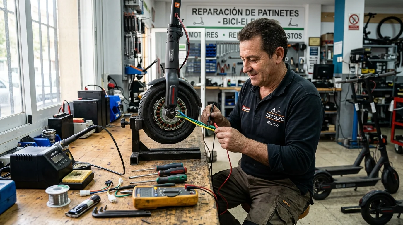 Mecánico electromecánico comprobando los sensores Hall y los cables de fase del motor de un patinete eléctrico en taller de Valencia