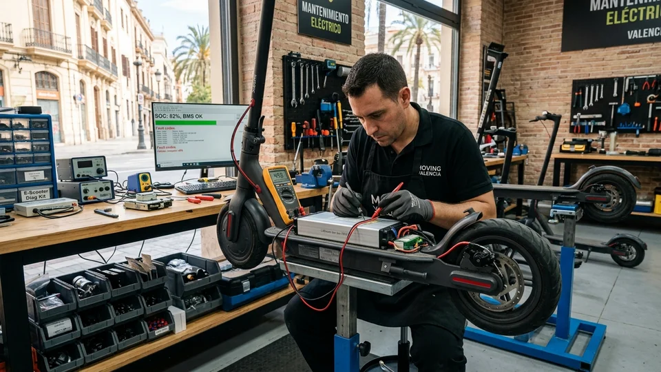 Técnico diagnosticando la pérdida de fuerza y potencia de un patinete eléctrico en taller de Valencia