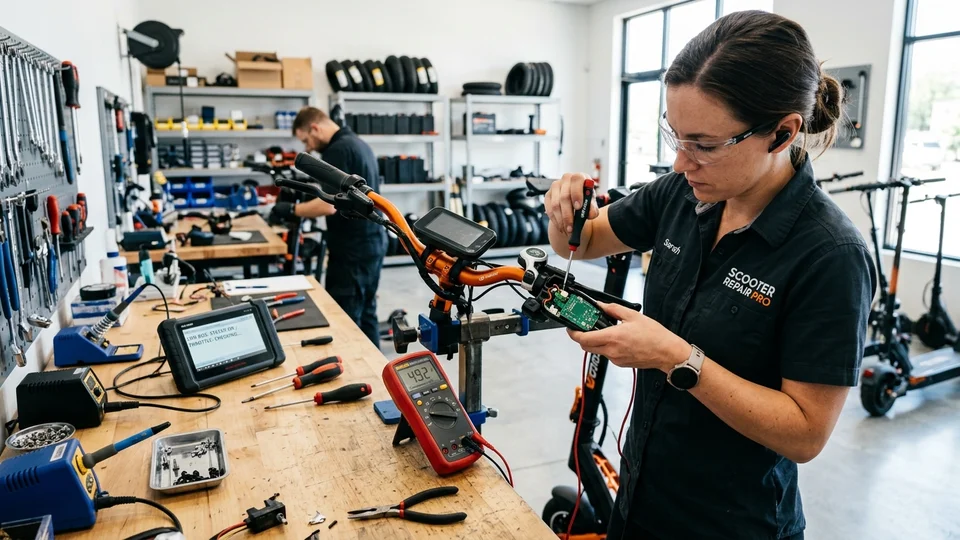 Técnico especialista comprobando con multímetro el sensor Hall y la placa del acelerador de un patinete eléctrico en taller de Valencia