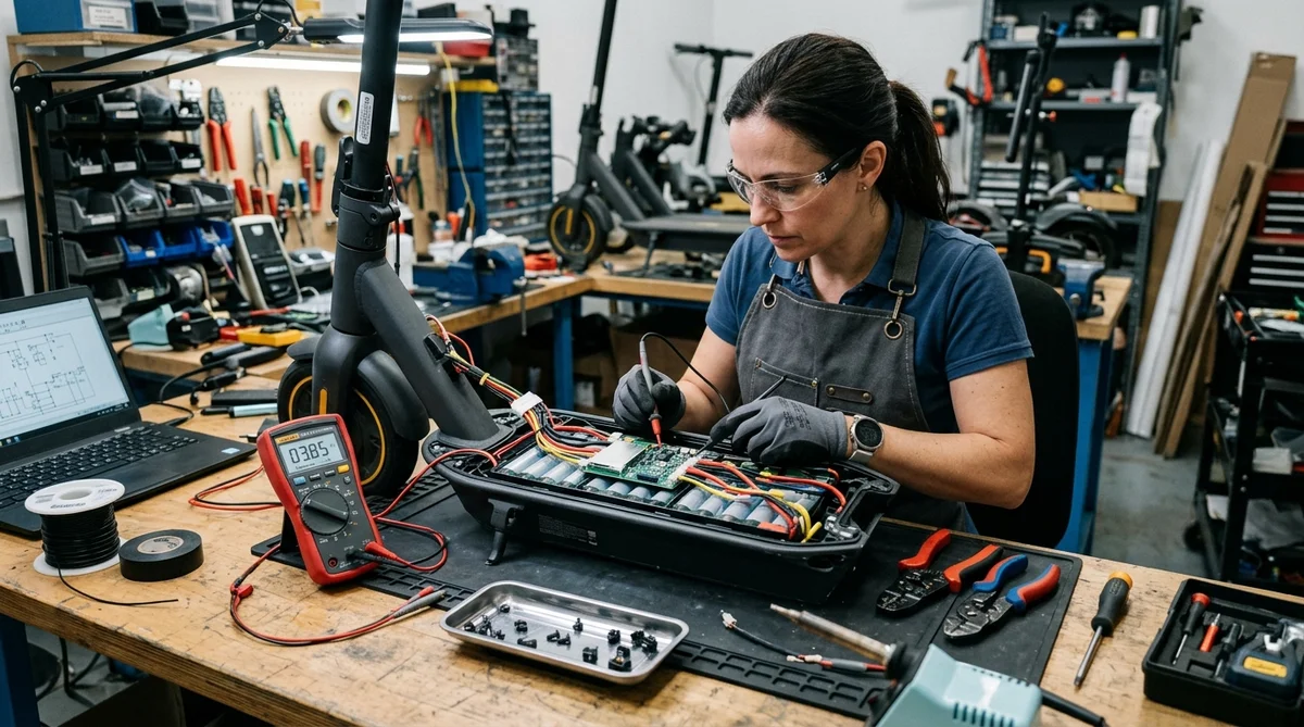 Técnico especialista revisando con multímetro las celdas y conexiones de la batería de un patinete eléctrico en banco de trabajo en taller de Valencia