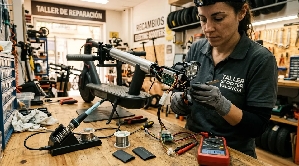 Técnica electromecánica reparando el cableado de la luz y la controladora de un patinete eléctrico en taller de Valencia