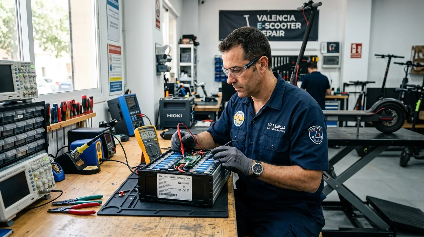 Técnico de taller en Valencia midiendo el voltaje de celdas y BMS de una batería de litio de patinete eléctrico con multímetro