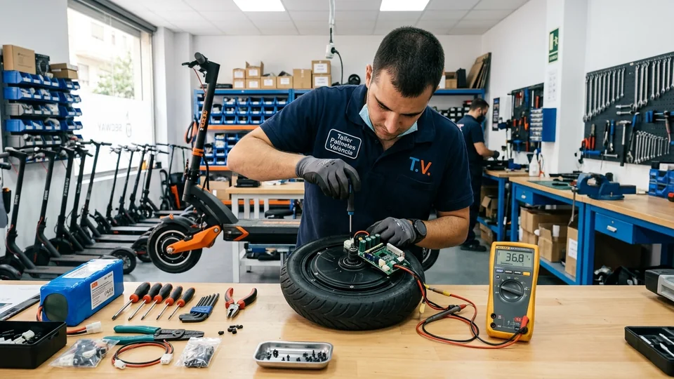 Técnico electromecánico diagnosticando el motor y la placa controladora de un patinete eléctrico con rueda frenada en taller de Valencia