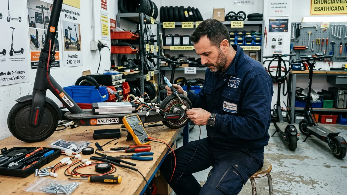 Mecánico especialista reparando y comprobando el devanado y sensores Hall del motor de un patinete eléctrico en taller de Valencia