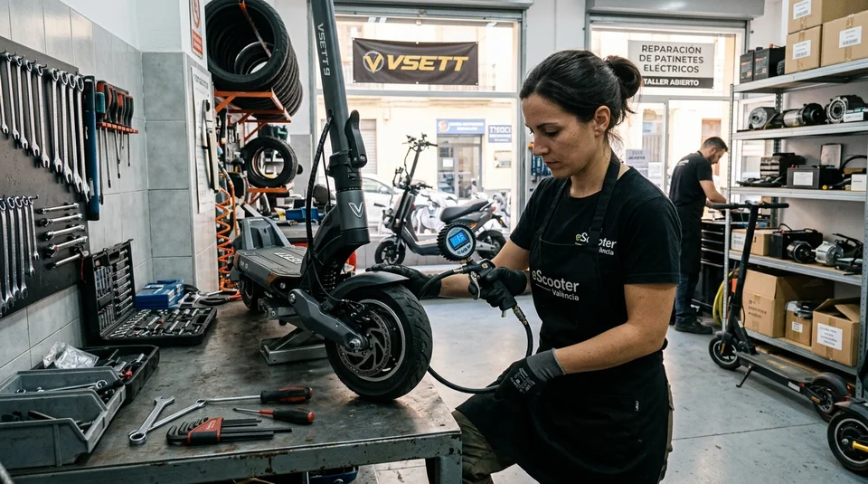 Mecánico comprobando e inflando la presión de las ruedas de un patinete eléctrico con manómetro digital en taller de Valencia
