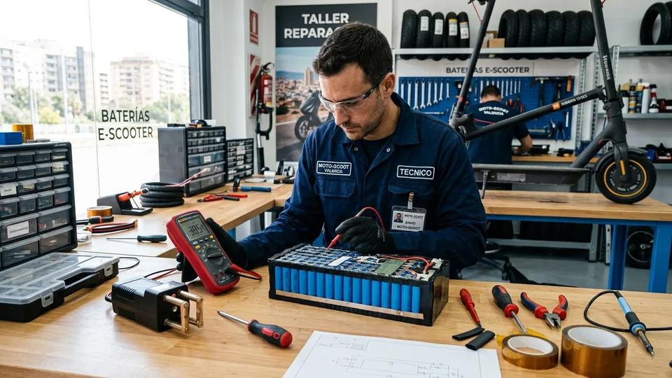 Técnico midiendo el voltaje de celdas de litio y reparando una batería de patinete eléctrico en taller de Valencia