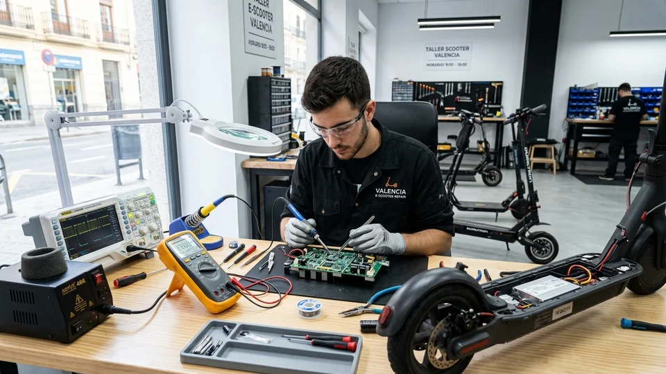 Técnico de taller en Valencia soldando transistores MOSFET y reparando la controladora electrónica de un patinete