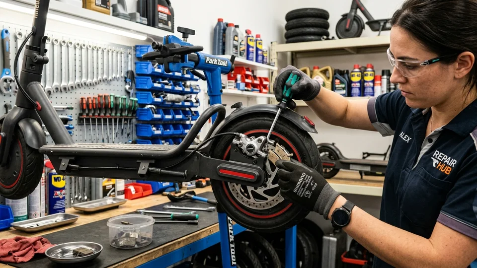 Mecánico ajustando la pinza de freno de disco de un patinete eléctrico en taller de Valencia