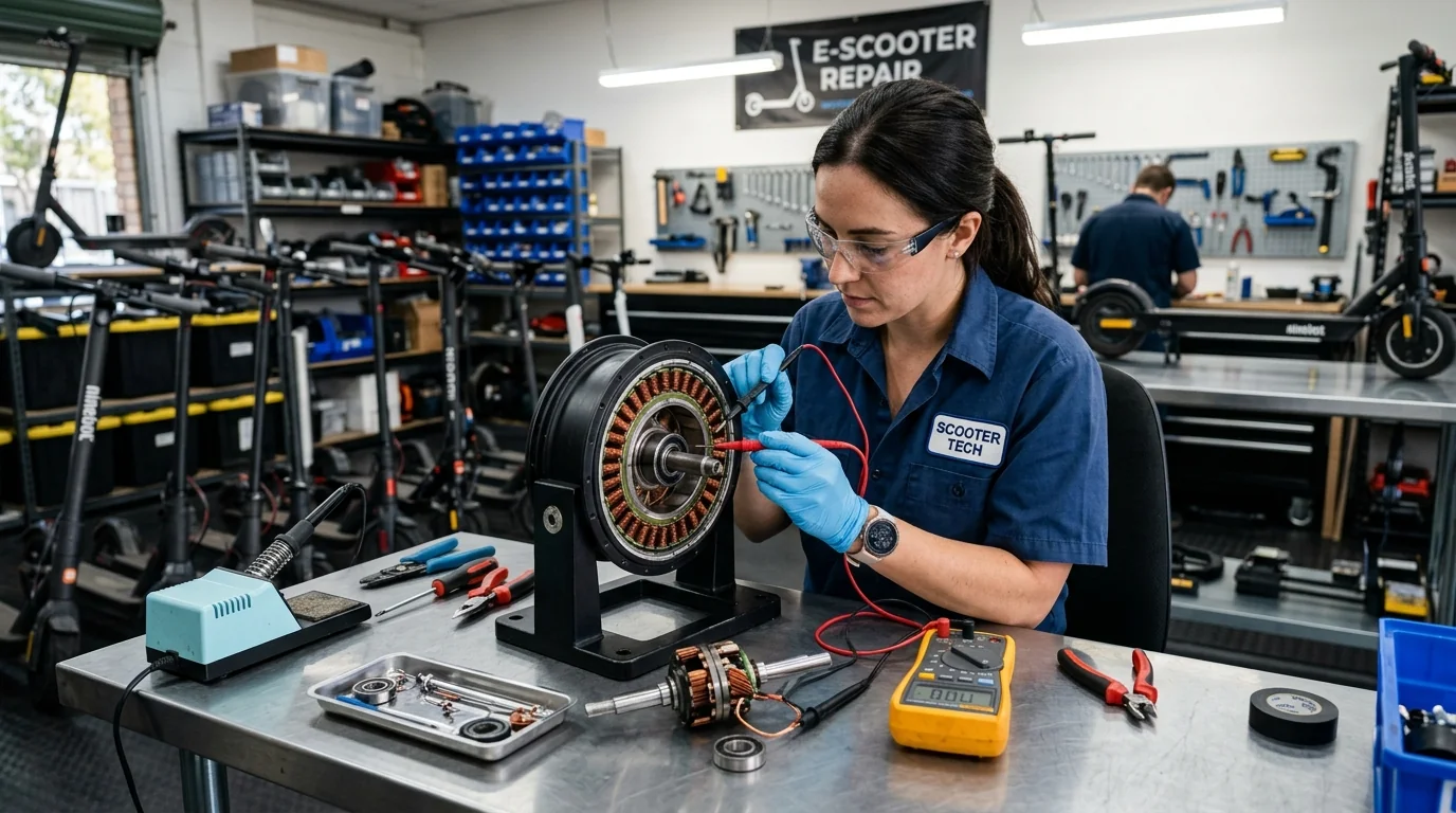 Técnico diagnosticando y reparando el motor de un patinete eléctrico en taller de Valencia